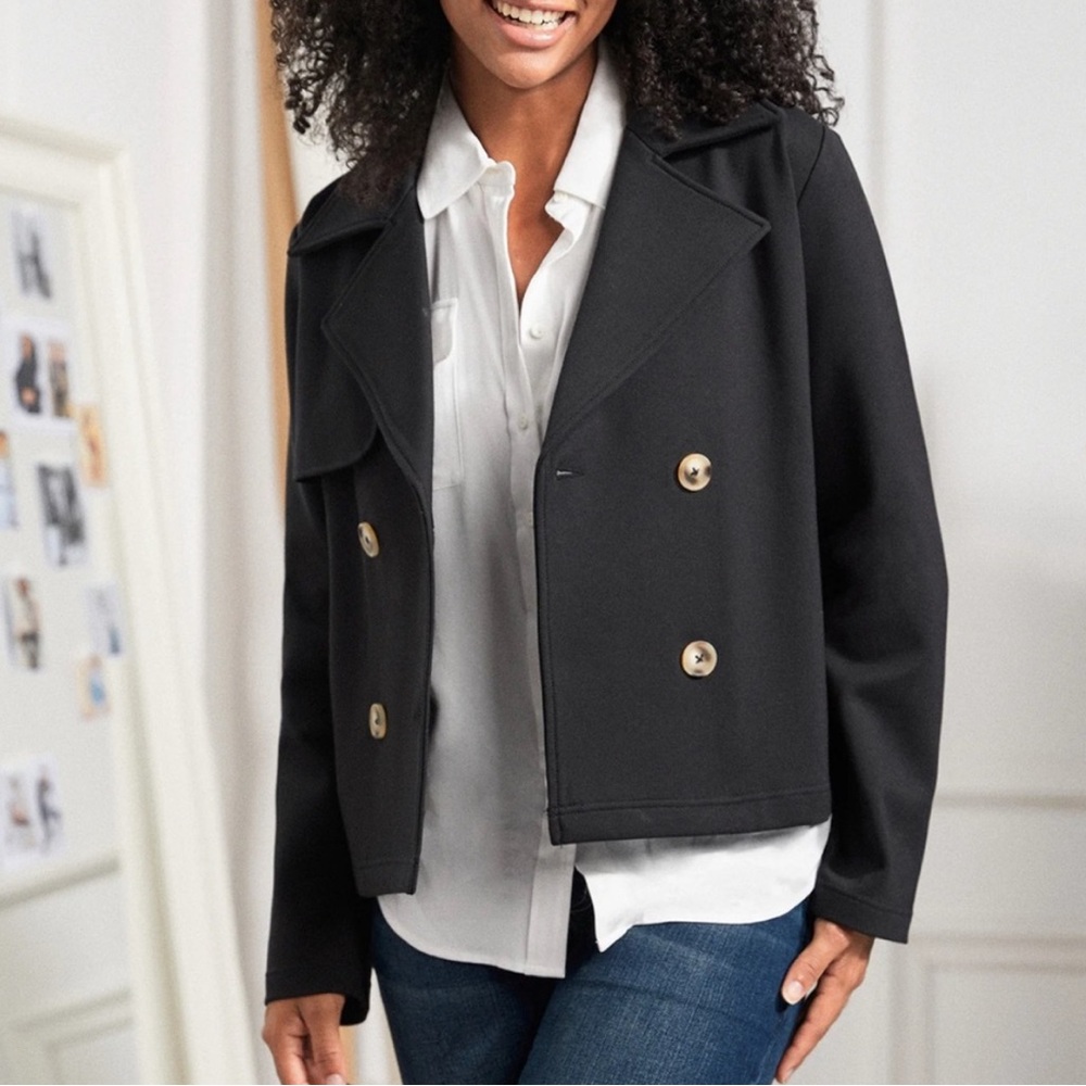Betabrand Black Double-Breasted Pea Coat with Gold Buttons